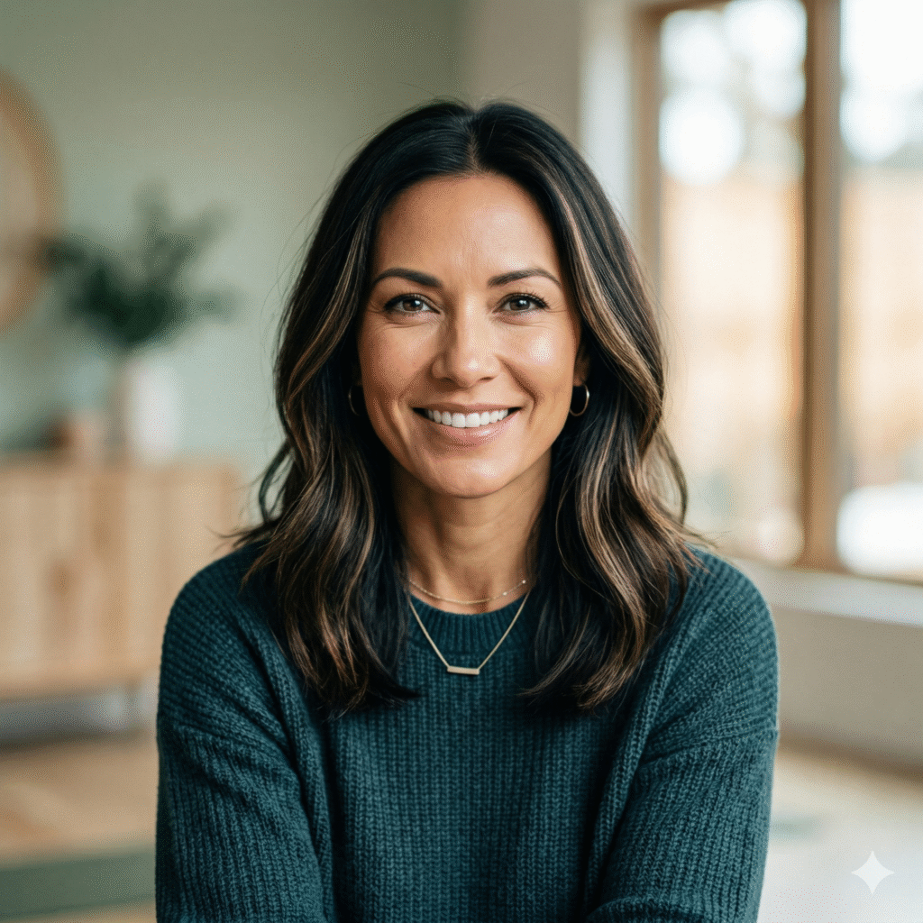 Mulher madura e feliz segurando um copo de água e suplementos, representando saúde e biohacking na menopausa.